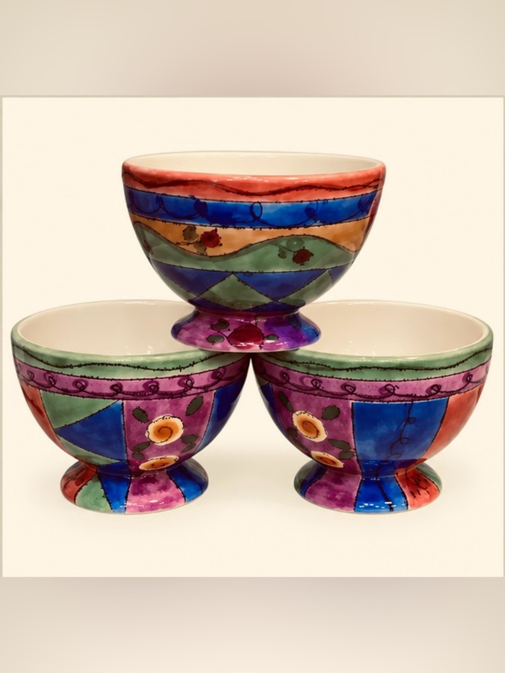 Sango The Sweet Shoppe Sue Zipkin Footed Dessert Bowls Set of 3 Colorful 5.5”